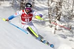 United States' Luke Winters competes in an alpine ski, men's World Cup slalom, in Val D'Isere, France, Sunday, Dec. 12, 2021. (AP Photo/Alessandro Trovati)