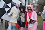 Members of the March Fourth Marching Band demonstrate downtown in Portland for the Women's March.