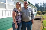 Jessica Yandell and Tracy Smouse outside the office of Emerald Valley Thinning in Philomath, Ore., on Nov. 7, 2019. The structure of the new business tax concerns them since it applies to revenue, not profit. 