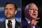 Left: Republican vice presidential nominee Sen. JD Vance delivers remarks during a campaign rally on August 6 in Philadelphia. Right: Democratic vice presidential nominee Minnesota Gov. Tim Walz speaks at the Democratic National Convention on August 21 in Chicago. 