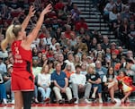 Portland Fire guard Sarah Ashlee Barker (3) shoots a free throw as the crowd behind her watches at the Moda Center in Portland, Ore., on July 9, 2026. The Portland Fire played the Las Vegas Aces, loosing 88-80.