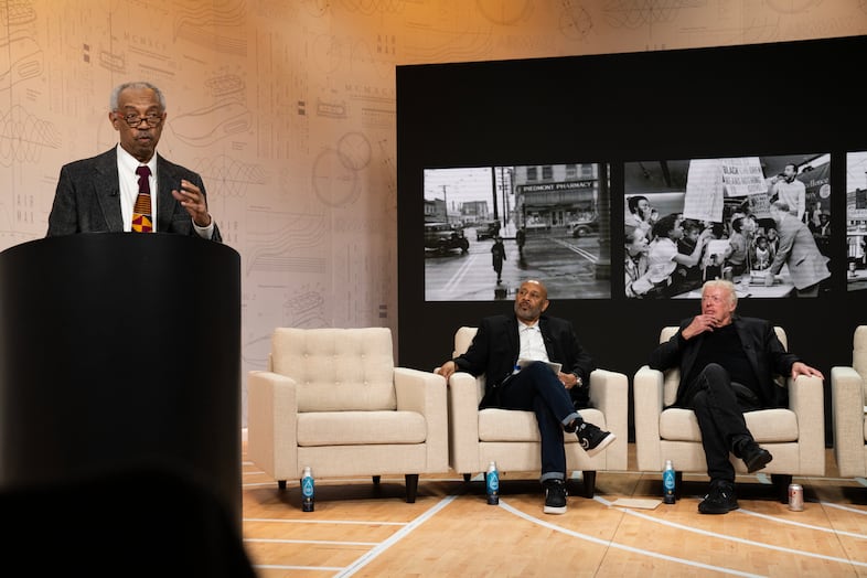 Albina Headstart CEO Ron Herndon speaks at an event announcing Nike co-founder Phil Knight is donating $400 million in the 1803 Fund on April 24, 2023 at Nike headquarters in Beaverton, Oregon. The fund is devoted to supporting Portland’s Black residents.