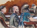 In this courtroom sketch, Joshua Schulte (center) is seated at the defense table flanked by his attorneys on March 4, 2020, in New York.