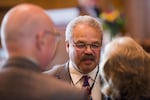 State Sen. Lew Frederick, D-Portland, speaks to guests on the Senate floor at the Capitol in Salem, Ore., Thursday, April 11, 2019.