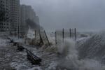 Strong waves crash against the waterfront in Heng Fa Chuen area as Super Typhoon Ragasa approaches in Hong Kong, on Wednesday.