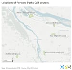 A map of the five golf locations maintained by the city of Portland.
