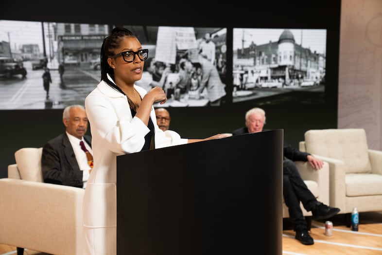 Rukaiyah Adams, founder of the 1803 Fund, speaks at an event announcing Nike co-founder Phil Knight is donating $400 million the fund on April 24, 2023 at Nike headquarters in Beaverton, Oregon. The fund is devoted to supporting Portland’s Black residents.