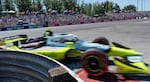 Christian Rasmussen flies into the chicane going into turn one. 