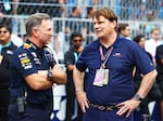 Red Bull Racing Team Principal Christian Horner talks with Ford CEO Jim Farley during the F1 Grand Prix of Miami at Miami International Autodrome in Miami on May 7, 2023. A bio line on Farley.