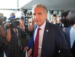 Bjorn Hecke (AfD) after the publication of the first forecasts for the state election in Saxony and Thuringia, in Erfurt, Germany, on Sunday.