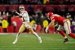 San Francisco 49ers quarterback Brock Purdy (13) throws downfield against the Kansas City Chiefs in overtime of the NFL Super Bowl 58 football game Sunday, Feb. 11, 2024, in Las Vegas.