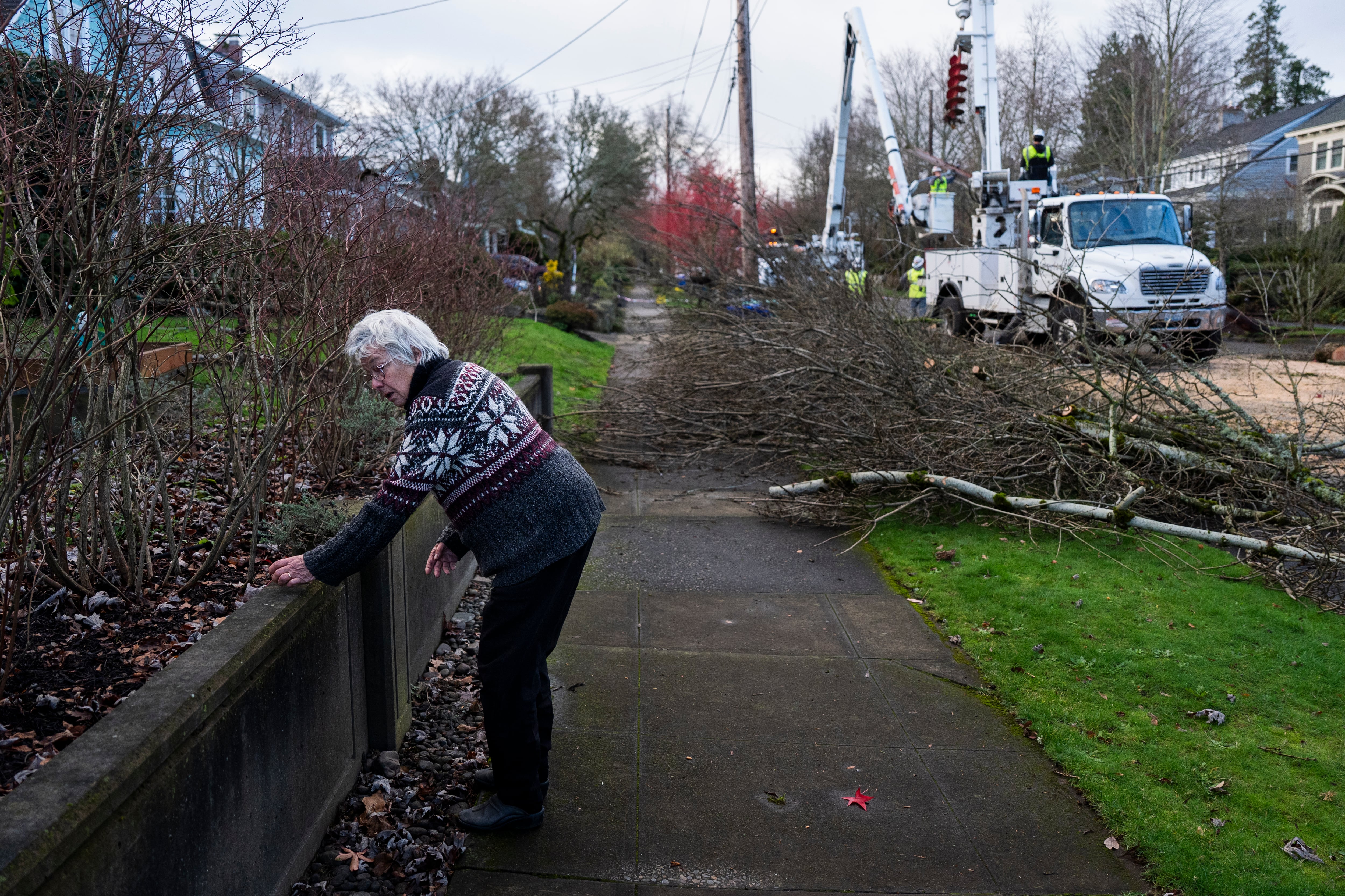 Resident Sandy Wilborn picks up small pieces of debris on her street while crews clean up the storm damage on Wednesday, Dec. 17., 2025 in Portland.