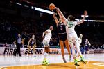 Oregon forward Sedona Prince (32) blocks the shot of Belmont guard Madison Bartley (3) during the first half of a college basketball game in the first round of an NCAA tournament, Saturday, March 19, 2022, in Knoxville, Tenn. (AP Photo/Wade Payne)