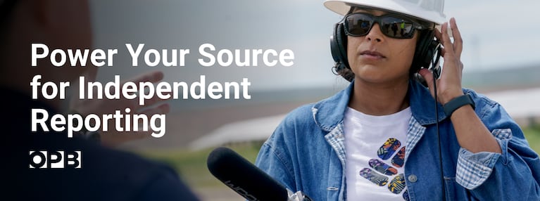 Monica Samayoa conducting an interview and the text “Power Your Source for Independent Reporting”. Become a Sustainer now and help ensure OPB’s fact-based reporting, in-depth news and engaging programs thrive in 2024 and beyond.