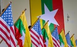 FILE - U.S. and Myanmar national flags are decorated at University of Yangon's convocation hall in Yangon, Myanmar, Nov. 19, 2012.