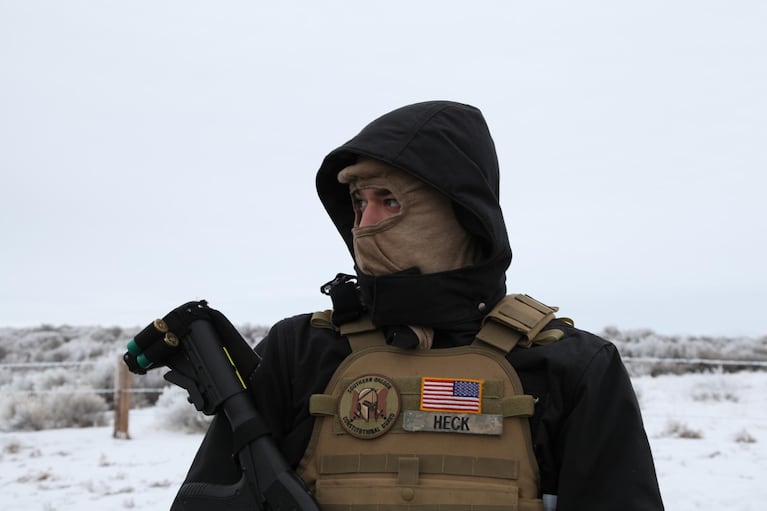 An armed man with a group called the Pacific Patriots Network. The network arrived in Harney County in early 2016, claiming to secure the scene of the occupation at the Malheur National Wildlife Refuge.