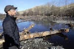 Rancher Ian Wilson shows how 54 artificial beaver dams help slow water as it flows across the restored floodplain, creating habitat for juvenile salmon. 