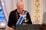 FILE - Norway's King Harald gives a speech during a gala dinner at the Palace in connection with the state visit of the Icelandic presidential couple, in Oslo, on April 8, 2025.