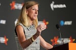 FILE - WNBA Commissioner Cathy Engelbert speaks during a news conference before the WNBA All-Star basketball game, July 19, 2025, in Indianapolis.