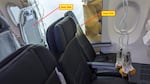 A photo from the National Transportation Safety Board shows seats that were near the door plug expelled from a Boeing 737 Max 9 in flight. Seats 26A and 26B were unoccupied — a fact that helped prevent the incident from being worse, officials said.