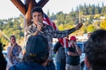Congressional candidate Joe Kent speaks to a crowd of volunteers in Kalama, Wash., in September 2021.