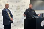 Eugene Police Chief Chris Skinner, right, and Independent Police Auditor Craig Renetzky, left, talk to reporters at EPD headquarters on May 11, 2026.