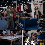 (Top photo) A man points a rifle displayed at the conference. (Bottom left photo) A child looks at guns on exhibit. (Bottom right photo) People look at guns on display.