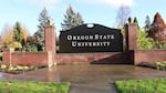 A sign on a brick wall reads "Oregon State University," and is surrounded by trees in the background and a lawn and sidewalk in the foreground.