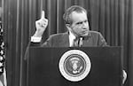 In this Nov. 17, 1973 file photo, President Richard Nixon speaks near Orlando, Fla. to the Associated Press Managing Editors annual meeting. Nixon told the APME "I am not a crook."