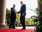 U.S. President Joe Biden greets China's President President Xi Jinping at the Filoli Estate in Woodside, Calif., Wednesday, Nov, 15, 2023, on the sidelines of the Asia-Pacific Economic Cooperative conference.