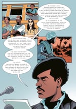 An illustrated panel of The Black Panther Party: An Illustrated History, features Bobby Seale reading the party's Executive Mandate #1 at the site of the party's Capitol protest in 1967.