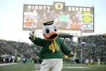 The Oregon Duck walks off the field during the second half of an NCAA college football game against Southern California Saturday, Nov. 22, 2025, in Eugene, Ore.