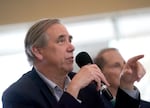 U.S. Sen. Jeff Merkley speaks during a town hall held at the Federal Building in Portland, Ore., March 17, 2025. The event aimed to provide an opportunity for federal employees to talk about the impact of layoffs in the federal government.