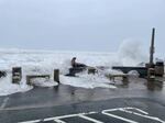 A King Tide wave hits the shore of a boardwalk, where a sea lion is perched.