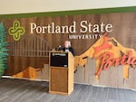 Portland State University then-incoming President Ann Cudd speaks at a press conference, March 10, 2023, on campus.