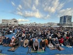 People gather for prayers on Eid in Gaza City on Friday.