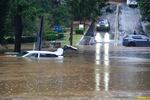 The streets are flooded near Peachtree Creek after hurricane Helene brought in heavy rains over night on September 27, 2024 in Atlanta, Georgia.