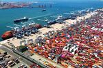 An aerial view of a container port is seen in Qingdao in east China's Shandong province, on June 6, 2024.