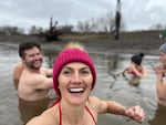 Ivana Maclay shares her passion for cold dipping with anyone brave enough to join her. Ivana (center) snaps a selfie with fellow New Year's cold dippers, including Oregon Field Guide producer Ian McCluskey (left).