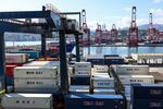 A general view shows shipping containers at the port in Keelung on Aug. 1