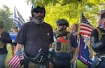 Alan Swinney, a demonstrator who has engaged in violence, appeared at a Gresham rally Aug. 26, 2020, four days after pulling a gun on demonstrators in Portland. Swinney carried a paintball gun and a handgun at the Gresham rally.