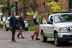 Work crews were instructed to remove garbage cans, signs, and other items that could be used in a protest on Portland State University’s South Park Blocks, April 26, 2024. 