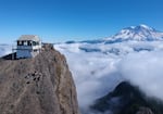 High Rock lookout in 2018. Perched on a rock pinnacle at 5,685 feet, with a front-row view of Mount Rainier is a popular hiking destination and one of the most iconic sites in the Pacific Northwest.