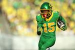 Oregon wide receiver Tez Johnson runs the ball during the first half of an NCAA college football game against Idaho, Saturday, Aug. 31, 2024, in Eugene, Ore. (AP Photo/Lydia Ely)