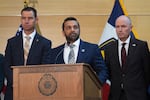 FBI Director Kash Patel speaks at a news conference on Sept. 12, 2025, in Orem, Utah, as Utah department of public safety commissioner Beau Mason, left, and Utah Gov. Spencer Cox listen.