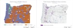 A map showing low, moderate and high wildfire risk areas and another showing which areas are in the wildland urban interface.