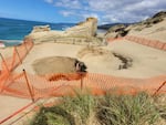 A second 10-foot wide sinkhole appeared about a foot away from a 25-foot-wide sinkhole that appeared in January at Cape Kiwanda. May 8, 2023, Cape Kiwanda State Natural Area, Oregon.