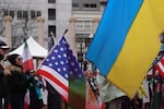 Iranian-American protesters join a remembrance of the fourth anniversary of the Russian invasion of Ukraine on Feb. 22, 2026, in Portland, Ore. Organizers said they found solidarity in conflicts facing both of their countries.