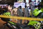 Forensic experts work at the crime scene where Senator Miguel Uribe Turbay was shot and wounded in the Modelia neighborhood in Bogota on June 7, 2025.