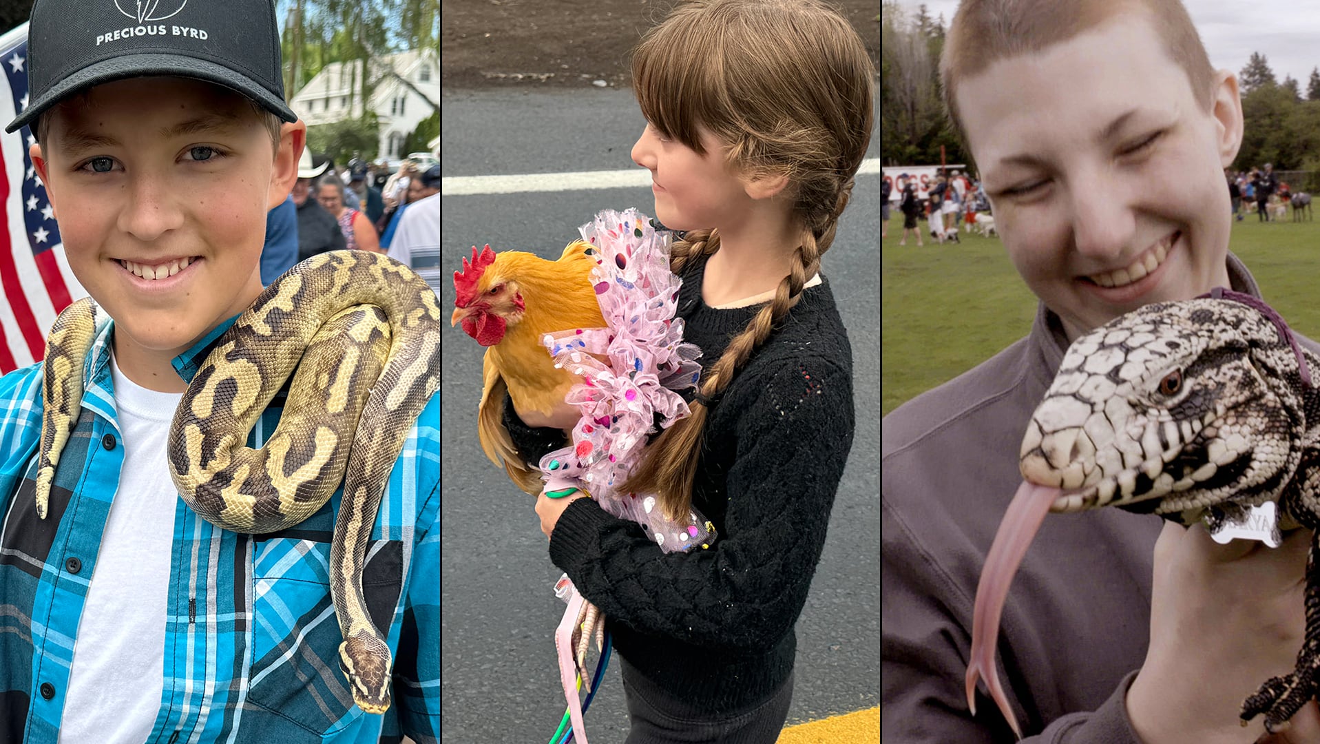 Three pet owners at the Bend pet parade carry their companions for the event's